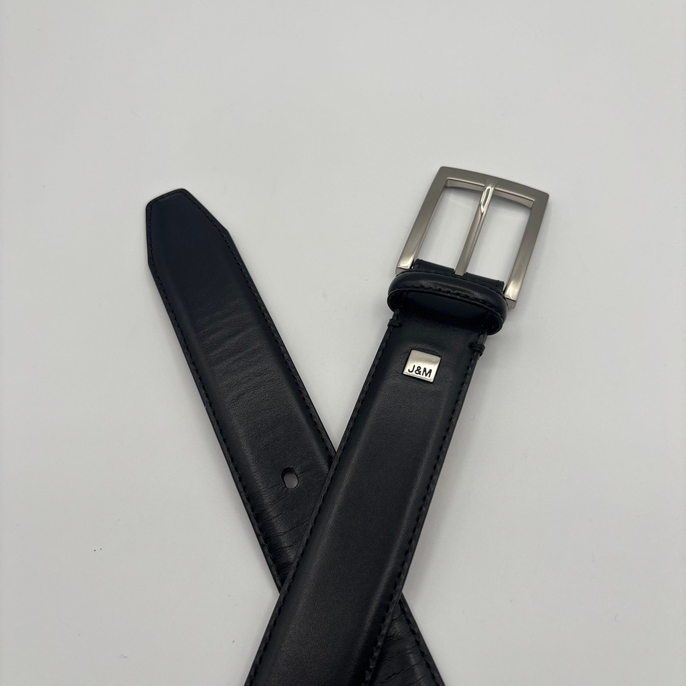 Johnston & Murphy Leather Dress Belt Mens 38 Black Silver Buckle Formal Business